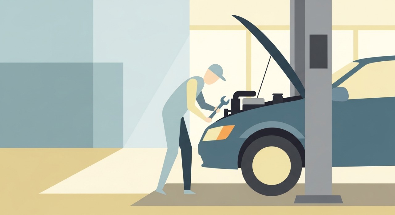 Seorang mekanik sedang melakukan penyelenggaraan enjin sebuah kereta di dalam bengkel