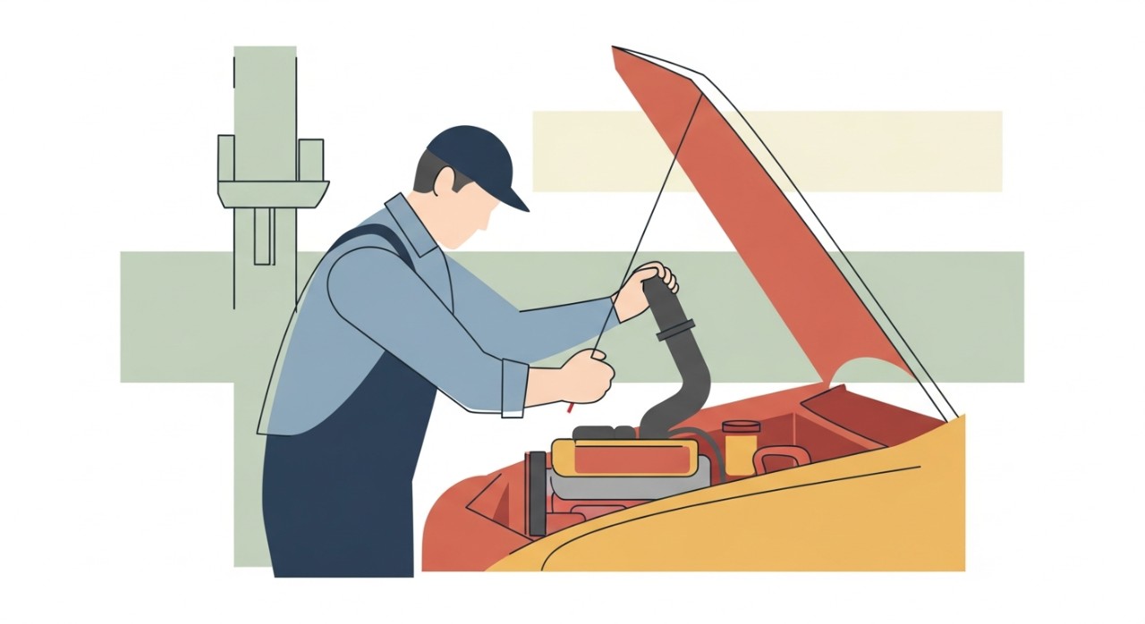 Seorang mekanik sedang membaiki kerosakan enjin kereta di pusat servis.