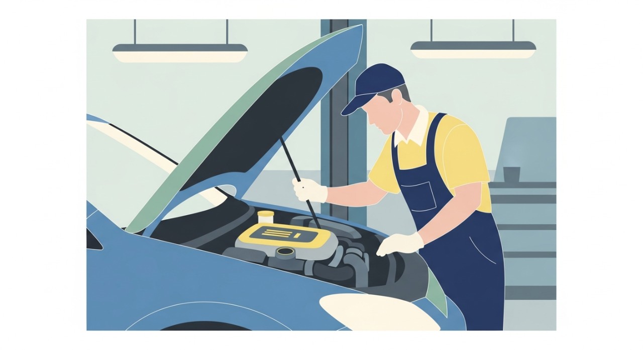 Seorang mekanik sedang memeriksa bahagian enjin kereta di dalam bengkel yang tersusun rapi.