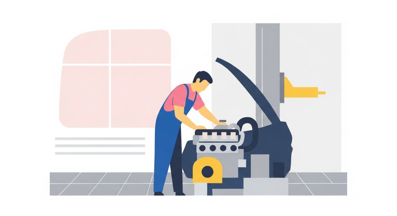 Seorang mekanik sedang memeriksa bahagian enjin sebuah kereta di dalam bengkel yang lengkap.