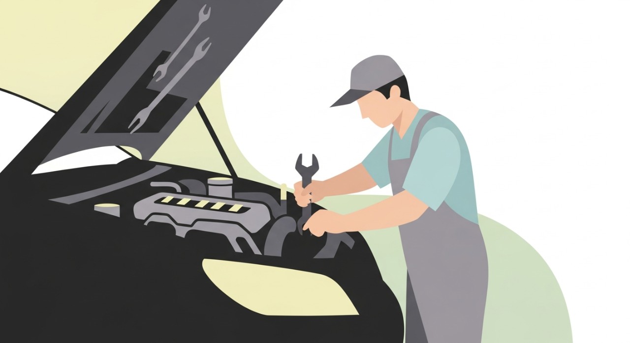 Seorang mekanik sedang tekun memeriksa enjin kereta di dalam bengkel