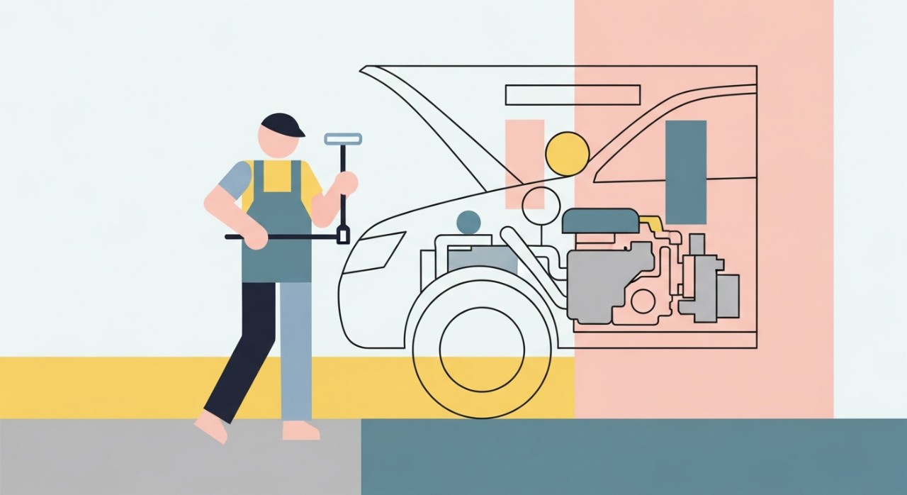 Seorang mekanik sedang melakukan servis penyelenggaraan pada bahagian enjin sebuah kereta.