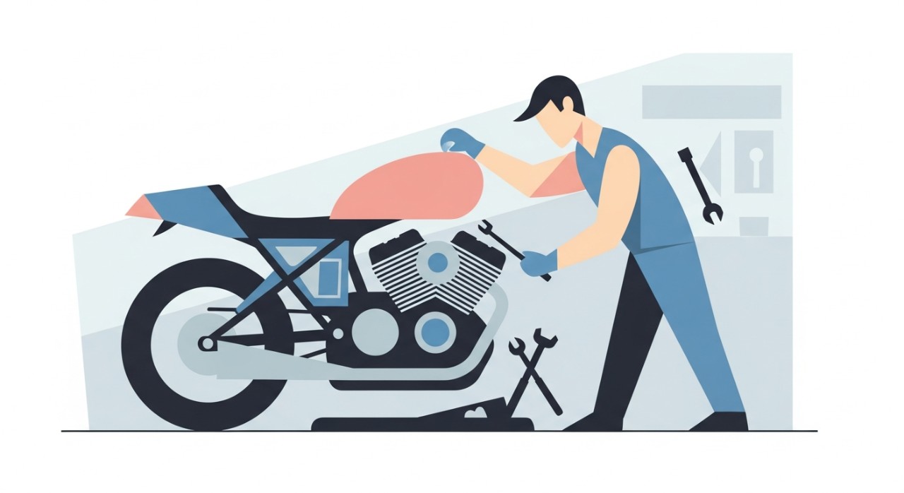 Seorang mekanik sedang menyelenggara enjin motosikal dengan teliti di dalam bengkel.