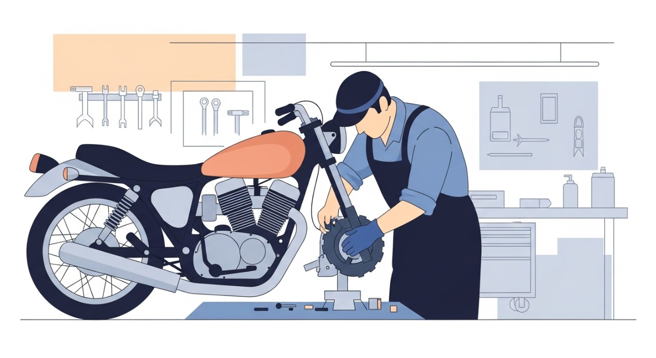 Seorang mekanik sedang tekun membaiki enjin motosikal di dalam sebuah bengkel yang lengkap.