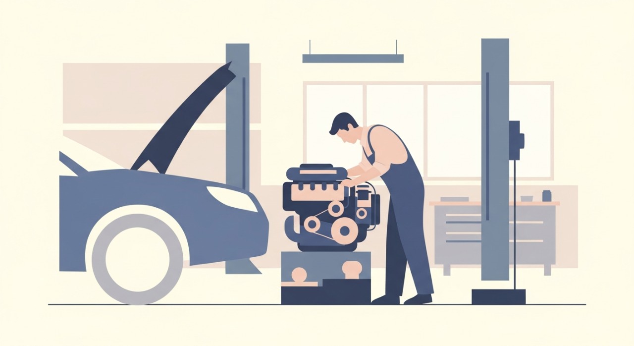 Seorang mekanik sedang tekun memeriksa bahagian enjin sebuah kereta di dalam bengkel.