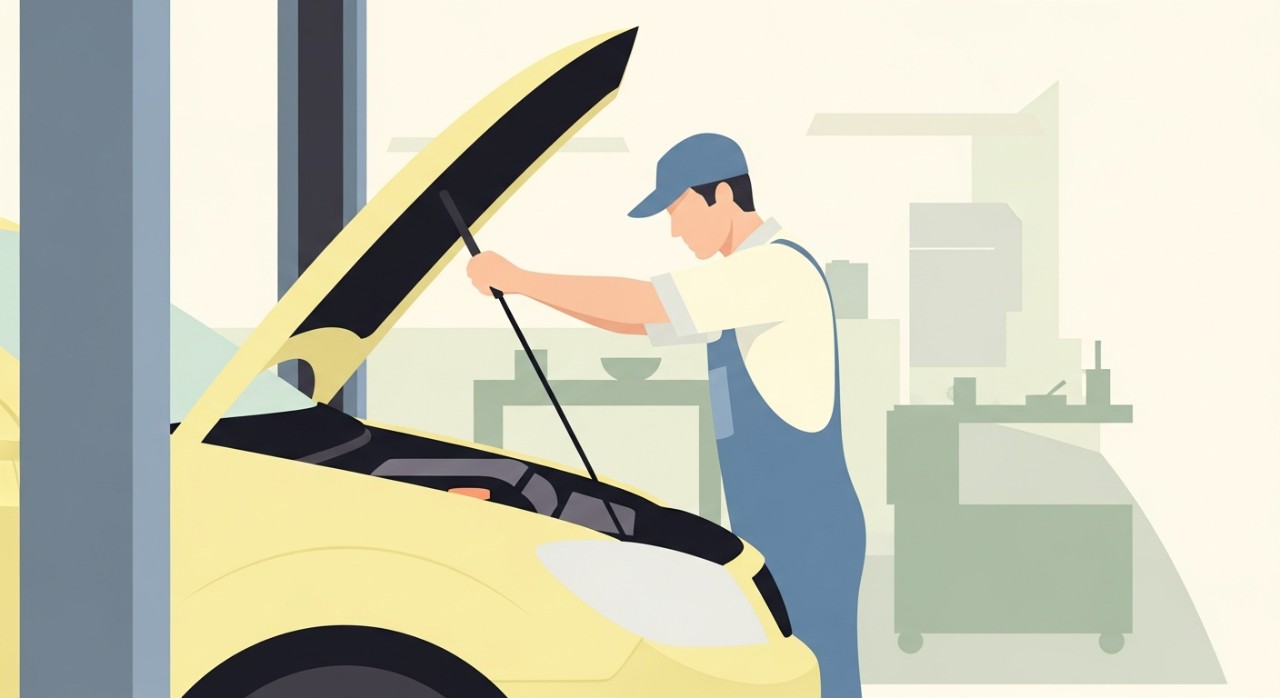 Seorang mekanik sedang melakukan pemeriksaan rutin pada enjin kereta pelanggan di dalam bengkel.