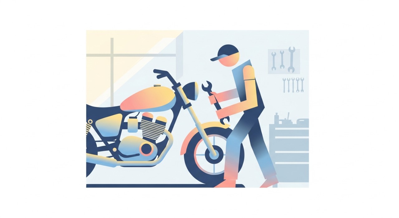 Seorang mekanik sedang melakukan penyelenggaraan motosikal dengan teliti di dalam bengkel