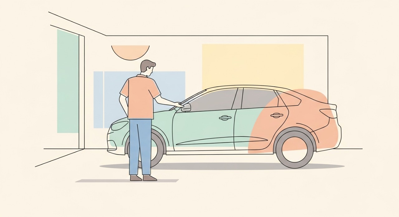 Seorang pria sedang memeriksa kondisi bodi mobil bekas di sebuah showroom.