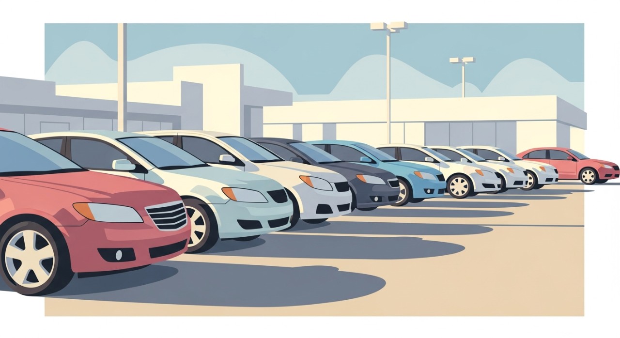 Deretan mobil bekas yang terparkir rapi di sebuah showroom kendaraan luar ruangan